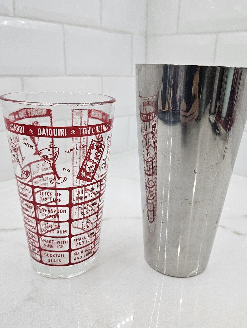 VTG Federal Glass Red Cocktail Recipes & Stainless Shaker Drink Mixer USA 1950s